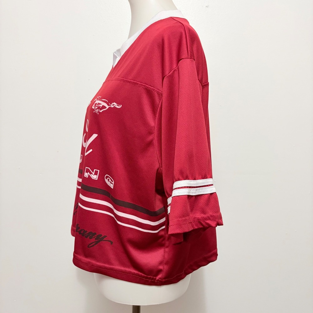 Ford Mustang Jersey  Large Red Racing Graphic Mesh V-Neck Short Sleeve Sporty - Picture 3 of 6